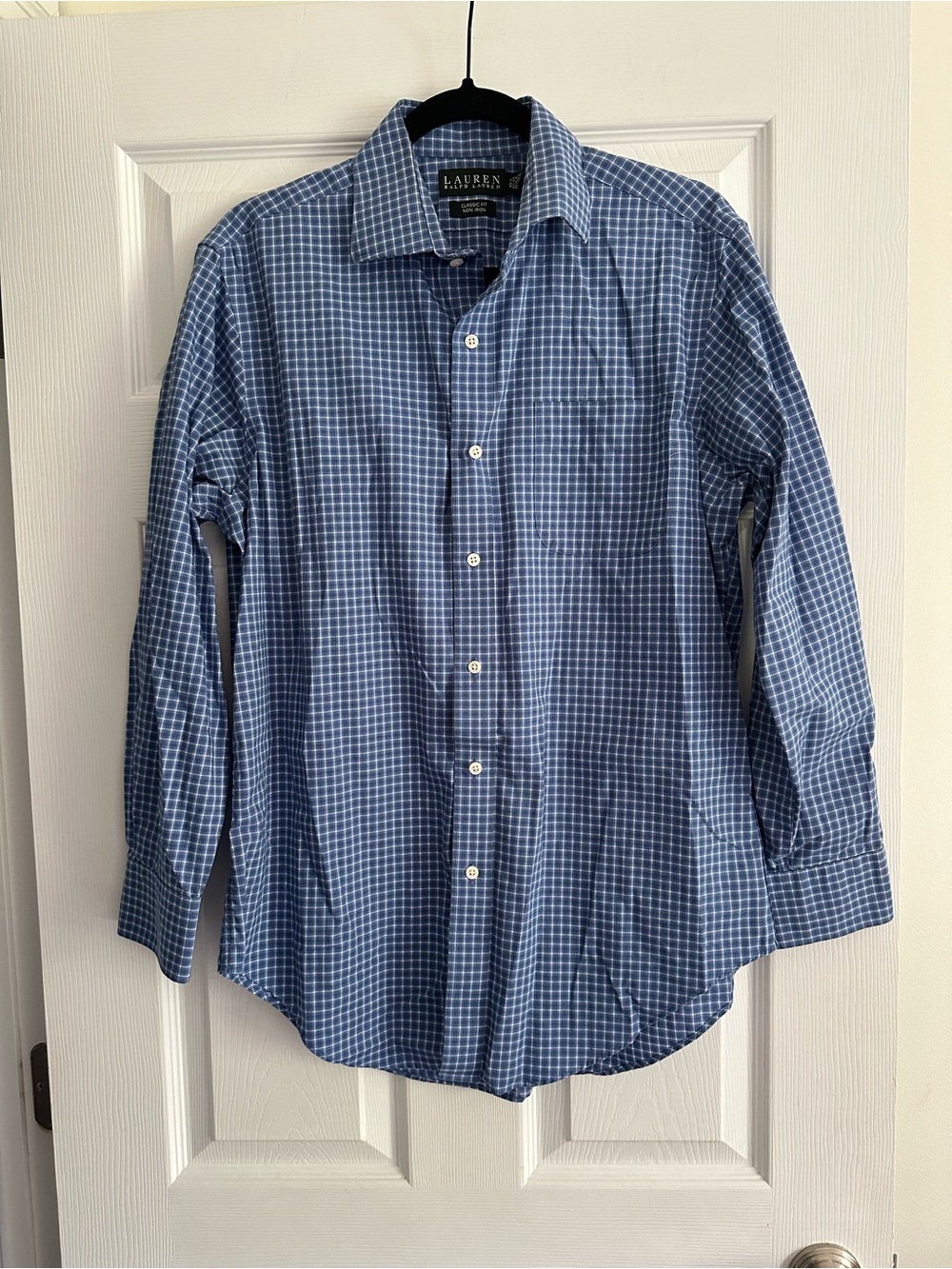 Size 15.5/33 Lauren Ralph Lauren Men’s Blue Plaid Classic Fit Non Iron Shirt - Picture 3 of 6